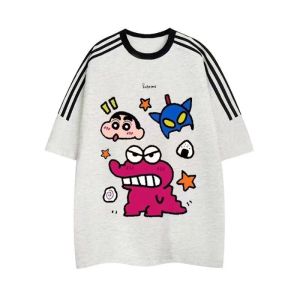 American Retro Pure Cotton Trendy Brand Cartoon Print Cute Three-Stripes Short-Sleeve T-Shirt Loose Summer Top for Women