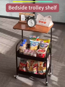 3 Layers Utility Trolley Cart Organizer Rack Rolling Cart with Wood Table Top Kitchen Shopping Cart Multi-Functional Storage Shelf 180° Adjustment Bedside Table for Kitchen Office