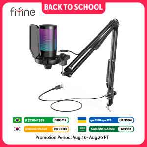 FIFINE USB Gaming Microphone Kit for PCPS4/5 Condenser Cardioid Mic Set with Mute Button/RGB /Arm Standfor Streaming Video-A6T