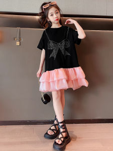 ชุดเดรสแขนสั้นผ้าตาข่ายสไตล์เกาหลีสำหรับเด็กผู้หญิง ชุดกระโปรงยาวปานกลาง ชุดแฟชั่นฤดูร้อน ผ้าฝ้ายผสมโพลีเอสเตอร์