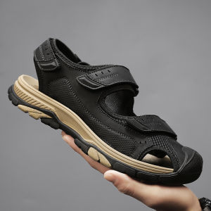 Summer Mens Sandals Genuine Leather Breathable Top Layer Cowhide Outdoor Sports Soft Bottom Covered Toe Beach Shoes