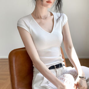 GEBEISHANG | V-Neck Short Sleeve Slimming Plain Simple All-Match T-Shirt Women Summer