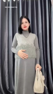 Set Đầm Bầu Len Tăm Cao Cấp Hàng QC – Áo Len Dài Tay + Chân Váy Suông Dáng Rộng Co Giãn Giữ Ấm Thời Trang Thu Đông