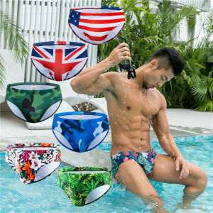 Anker King กางเกงว่ายน้ำทรงสามเหลี่ยมแฟชั่นชายหาดสำหรับผู้ชายเซ็กซี่เอวต่ำพิมพ์ลายนูนสำหรับน้ำพูรหรือรูปป้องกันความอับอายสีดำ