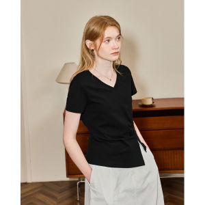 KUHNMARVIN | Áo Thun Ôm Body Cổ V Gập Ly Dáng Không Đều cho Phụ Nữ Mùa Hè Bền Cotton Mềm