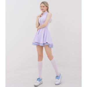 Sleeveless Open-Back Sporty Tennis Dress with Lace Trim