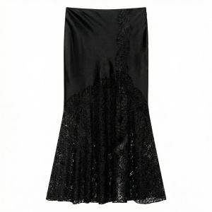 HH 2026 Spring Summer Skirt For Women Lace Hem Skirt Side Zipper High Waist Slit Midi Skirts Fashion High Street Lady Chic Skirt