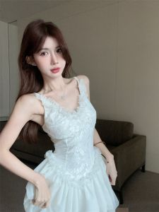 GUZILIAN | Elegant Pure Desire White Lace Strap Dress Womens Summer New Cake Short Skirt Waist Cinched A-Line Skirt Korean Style