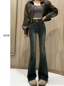 High Waist Fleece Lined Retro Bell Bottom Jeans Womens Autumn Winter Long Trousers Cotton Polyester Spandex Blend Anti-Wrinkle