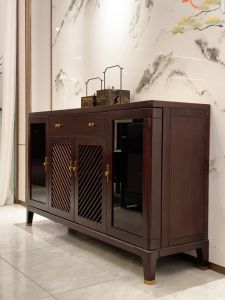 New Chinese Style Wall-Mounted Display Cabinet Luxury Partition Living Room Storage Cabinet Gold Wood Material Artistic Design