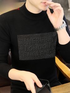 HENGYUANXIANG | Hengyuanxiang Mens Slim Fit Knitwear Mid Neck T-Shirt With Rhinestones Spring Autumn Thin Inner Wear Casual Long Sleeve