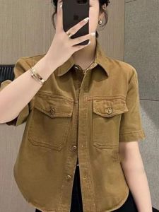 Summer Short Sleeve Shirt Womens Thin Outerwear Korean Style Commute Loose Fit Pure Color Button Closure Polyester Fiber