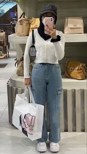 Celana Highwaist Cargo Jeans Wanita Loose Light Blue