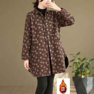 Retro Floral Printed Fleece Lined Thickened Shirt Jacket Large Size Womens Stylish Polo Collar Versatile Mid-Length Open Cardigan