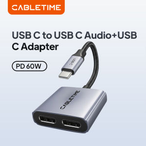 Cabletimes | CABLETIME PD 60W Fast Charger Aluminium Adapter USB C to Dual USB C Headphone and Charger Adapter 2-in-1 for IPhone HUAWEI