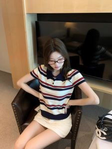 Áo Thun Polo Cổ Tròn Tay Ngắn Mùa Hè Cho Nữ Phong Cách Retro Sọc Cổ Điển Dáng Rộng Thoải Mái Vải Polyester Dệt Kim