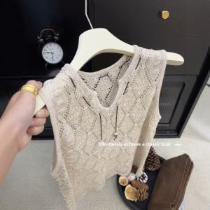 DUOFEIYAN | V-neck Belted Lace Knitted Vest for Women Summer Ice Silk Loose Fitting Sleeveless Top
