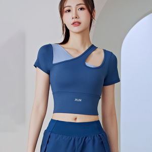 Chéo Vai chạm khoét thể thao thân trên phụ nữ phòng tập thể dục màu chắp vá thể thao Tees Yoga Áo phông ngắn tay tập thể dục ngoài trời chặt chẽ