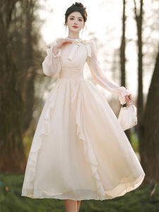 Spring French Court Design Sensation Unique Retro Lace Trim Dress Fairy Princess Gown High Waist Chiffon Long Sleeve Maxi Skirt