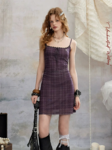 Unifree | Purple Check Mesh Halter Dress with Bow Waist and Lace Edge for Summer
