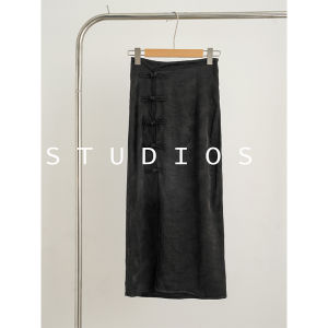 Elegant Black Embroidered Button Acetate Halter Neck Mini Dress Chinese New Style Womens Fashion Autumn Winter Straight Skirt