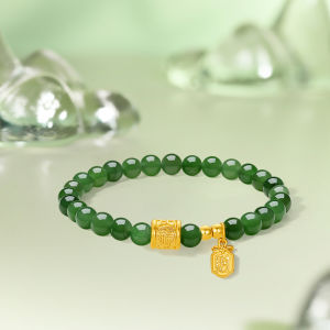 ZHOU LIU FU 周六福 24K Solid Gold Green Jade Beaded Bracelets Blessing Charm Bracelet Real Gold Lucky Plate Healing Hetian Nephrite Stretch Bracelet for Women Mom Mother Birthday 17cm Y1913659
