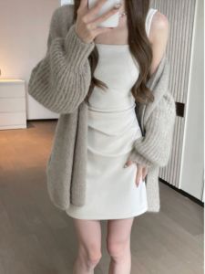 Fall 2025 Womens Belted Pleated Solid Color Strap Dress + Lazy Cashmere Knitted Open Cardigan Set High Waist H-Style Commute