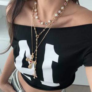 Ingemark Luxury Rhinestone Imitation Pearl Beads Chain Necklace Women Wed Bridal Vintage Jesus Cross Pendant Choker Y2K Jewelry