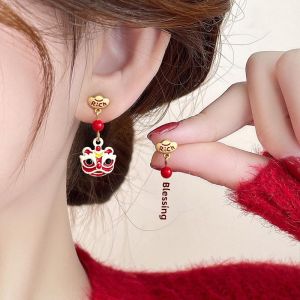 New Year Lion Wake up Red Earrings Womens Fashion Jewelry Unique Personality Winter Ear Rings Alloy Plated Silver Geometric