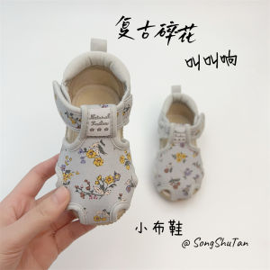 Retro Floral Canvas Baby Girl Shoes Toddler Learning to Walk Soft Bottom Sandals Summer Children Head Covering Princess Style