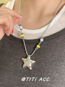 Simple Silver Starfish Pendant Necklace Fashion Durable Beaded Diamond Embedded Choker Womens Sweet Style Alloy Material