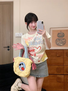 เสื้อยืดคอกลมแขนสั้นลายหัวใจสไตล์ญี่ปุ่น ทรงสลิมฟิต ผ้าคอตตอนผสม สำหรับผู้หญิง ฤดูร้อน 2024