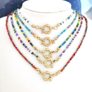 QMHJE Seed Beads Necklace Women Choker Rainbow Stainless Steel Clasp Sailor Buckle Base Diy Chain Gold Color Boho Green Trendy