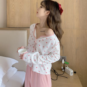 Pure Cotton Sleepwear Set for Women 2021 New Style Long Sleeve Floral Print Sweet Girl Home Clothes V-Neck Button-Up Long Pants