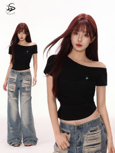 Áo Thun Nữ Tay Ngắn Màu Đen Không Đều Cổ Chữ V Dáng Ôm Vừa Vặn Mùa Hè Thiết Kế Cổ Điển Phong Cách Ngọt Ngào Và Cay Nồng