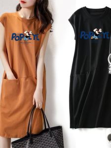 Summer Sleeveless T-Shirt Dress Mid-Length Loose Slimming Student Polyester Spandex Printed Pocket Natural Waist H-Shape Gown