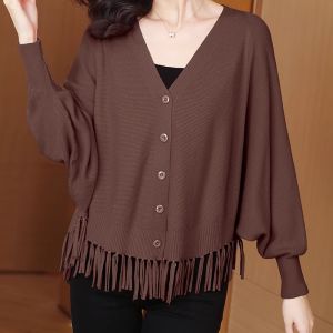 เสื้อคาร์ดิแกนแขนยาวผู้หญิงวัยกลางคน 2024 ฤดูใบไม้ผลิและฤดูใบไม้ร่วง แขนพอง คอวี ปกโปโล ทรงหลวม ปกโปโล