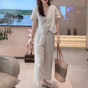 UYFY | ชุดสองชิ้นแขนสั้นผ้าลินินฤดูร้อนลำลองสำหรับผู้หญิงไซส์ใหญ่ แฟชั่นกระชับสัดส่วน ชุดทำงานสไตล์เกาหลี