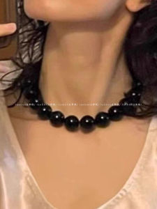 Natural Large round Beads Black Agate Necklace Choker Women Exaggerated High-End Feeling String Lockbone Chain Neck Chain