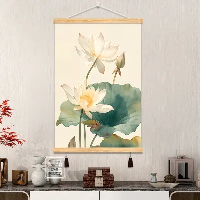 Entryway Decor Lotus Fabric Vertical Chinese Style Zen Wall Hanging