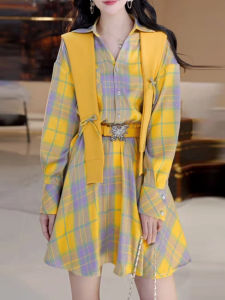 Shalldoer | Fashionable Plaid Butterfly Waist Belt Dress Shawl Set Womens Autumn New Small Design Short Skirt High Waist A-Line Dress