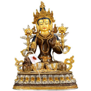 Handmade White Tara Gilt and Silvered Copper Sculpture