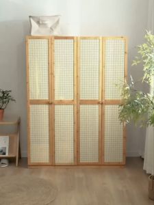 Bamboo Wardrobe with Rattan Doors / Household Clothes Storage Cabinet Hanging Clothes