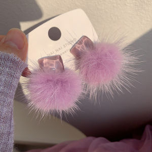 Sweet Purple Mink Fur Ear Cuff Ball Block Girl Heart Ear Ring Fashionable Fresh out New Style High-End Feeling Fur Ball Earring