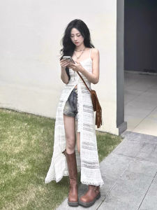 White Strapless Long Dress Womens Summer High-End Beach Vacation Desert Style Sanya Beach Split Skirt Hollow out Lace Midi Dress