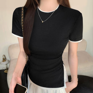 Miiow | Cat Person Womens Short Sleeve T-Shirt Shoulder Match Color Block Base Thread Summer Fashionable Versatile Round Neck Top