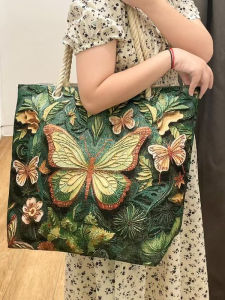 Double-Sided Gold Thread Embroidery Cute Rabbit Canvas Bag Large Capacity Hand-Held Shoulder Bag for Outings And Learning