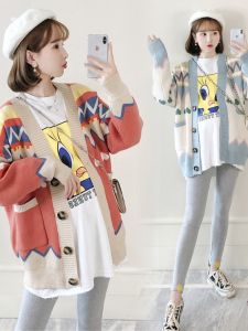 Áo Khoác Len Dệt Kim Rộng Rãi Cho Bà Bầu Thời Trang Thu Đông Dài Vừa Phải Áo Khoác Ngoài Cotton Tay Dài Phong Cách Hàn Quốc