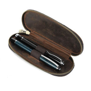 Hiram Vintage Genuine Crazy Horse Leather 2 Slots Pen Case Pouch Holder Portage Small Pencil Bag for Rollerball Fountain Ballpoint Pen