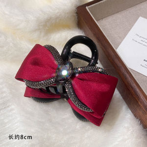 Red Butterfly Knot Diamond Embedded Hair Clip Womens Elegant Medium Size Half Updo Clip for Thin Hair at Back of Head Shark Clip